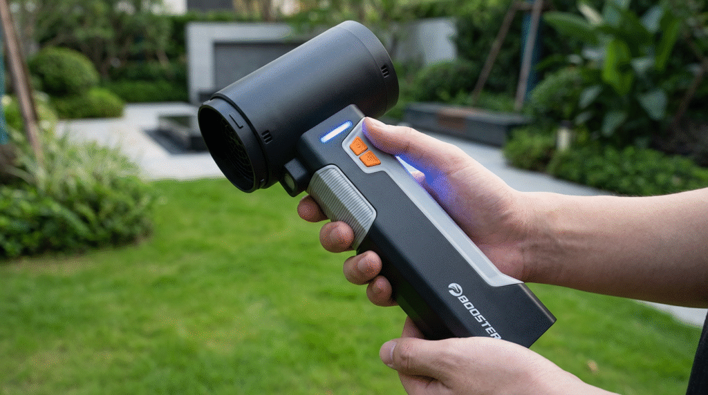 Sleek 2026 next-gen cordless leaf blower featuring ergonomic carbon-fiber construction and an integrated LED power display for efficient yard maintenance.