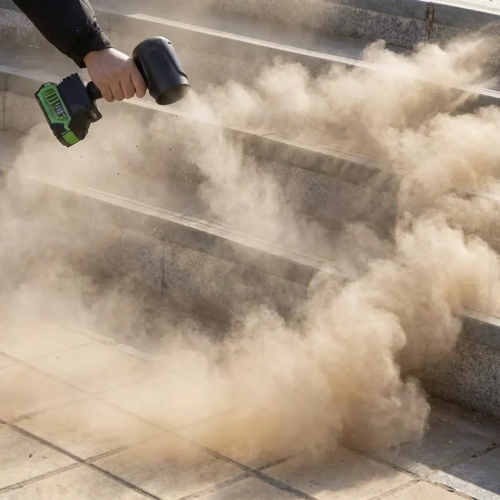 Someone is using a booster leaf blower to blow dust off the car and scatter it in all directions.