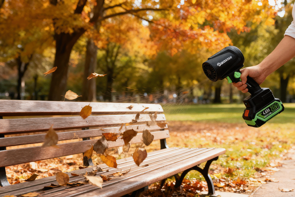A man uses a leaf blower air booster to clear leaves from a park bench in an autumn park.