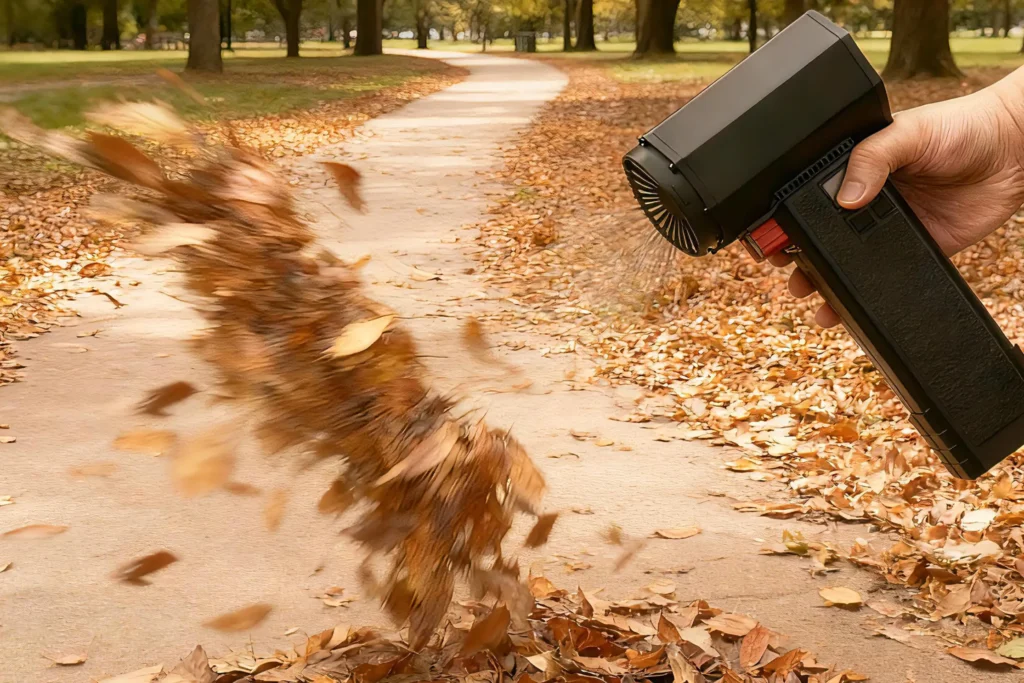 A man uses a battery powered leaf blower to clear leaves on a park path.