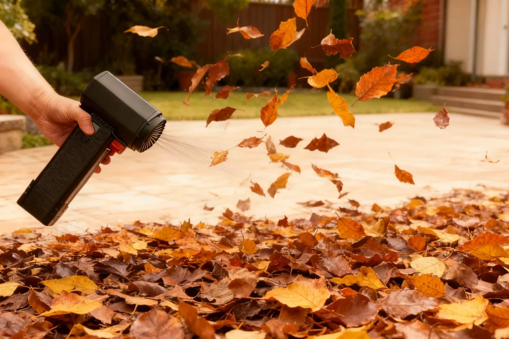 A man uses a battery powered leaf blower to clear autumn leaves in a backyard.