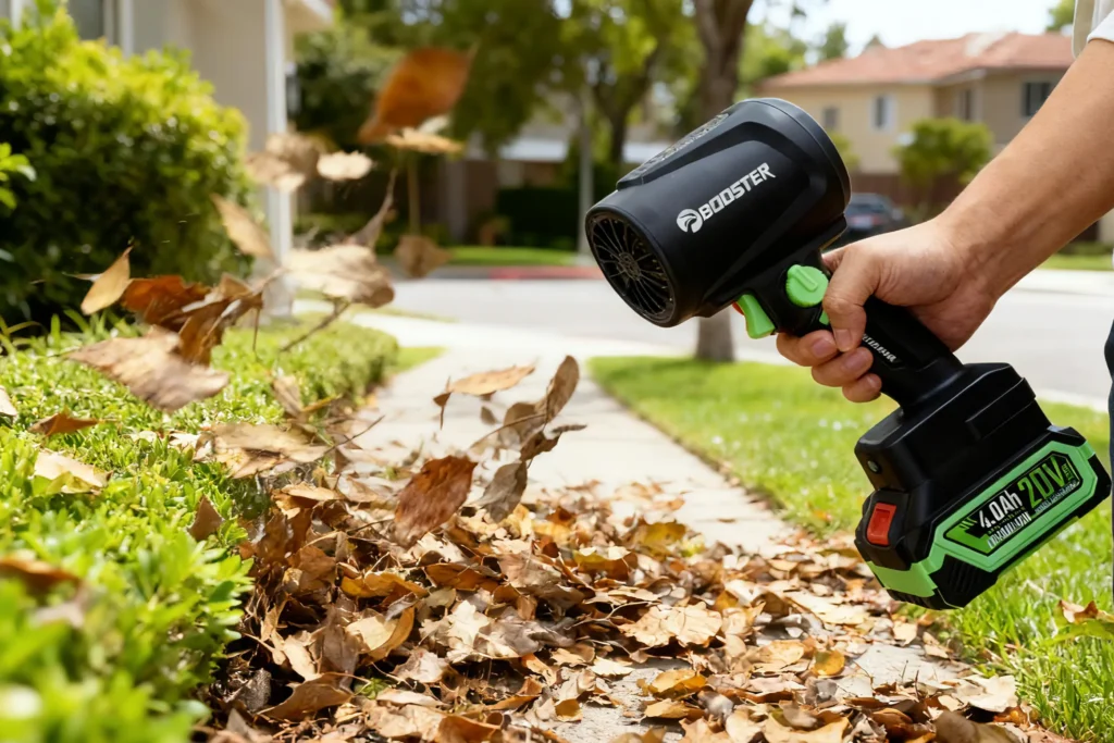 A man uses an electric leaf blower to clear leaves by a hedge in a neighborhood.