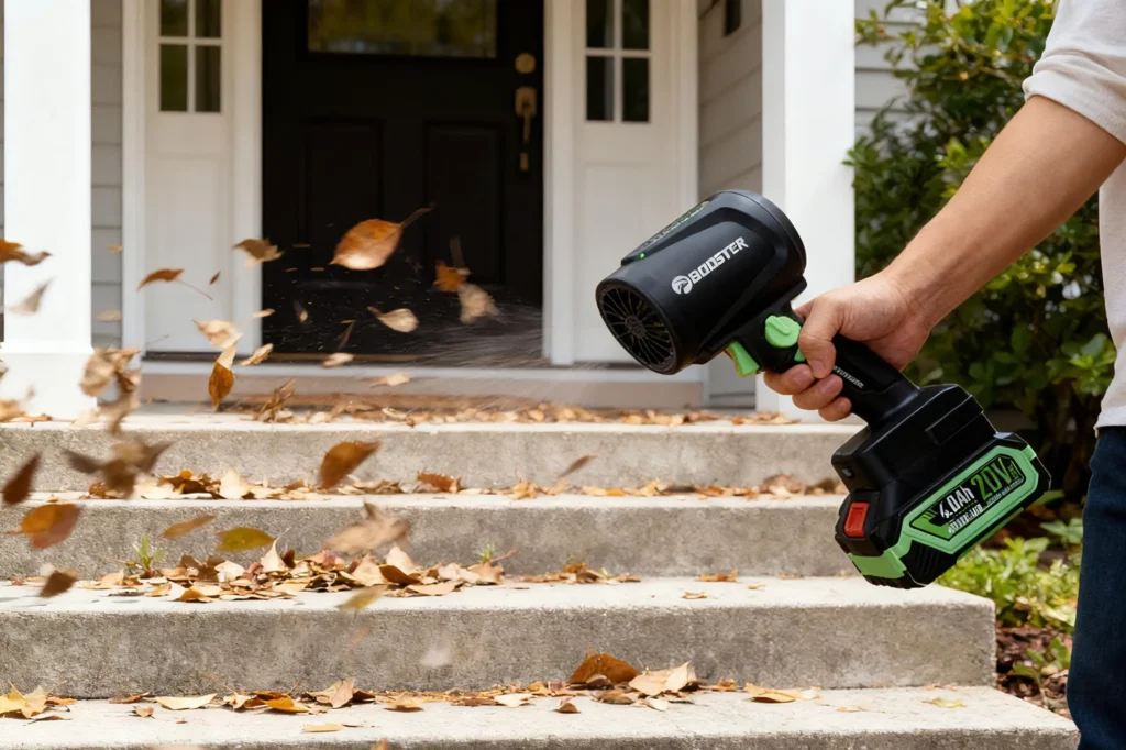 A man operates an electric leaf blower to clear leaves from a home’s steps.