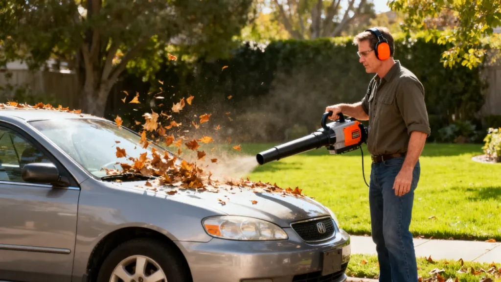 An American man wearing hearing protection devices such as earplugs stands upwind and safely uses a leaf blower to clear fallen leaves from a car.