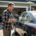 A man uses a booster leaf blower to blow water off a car.