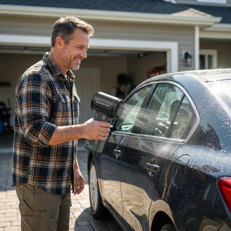 A man uses a booster leaf blower to blow water off a car.